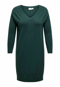 Robe à manches longues en V à manches longues de couleur vert foncé, fabriquée dans un matériau doux. Présente une coupe décontractée et un ourlet côtelé pour plus de texture. Design simple.