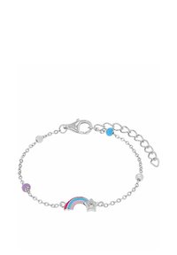 Silberne Kettenarmband mit einem Regenbogenanhänger in pink, blau und lila, einem Sternanhänger und bunten Perlen als Akzent.