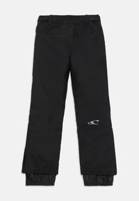 Zwarte sneeuwbroeken met elastische gaiters aan de pijpen en een klein gebogen logo op het rechterbeen, getoond vanaf de achterkant op een witte achtergrond.