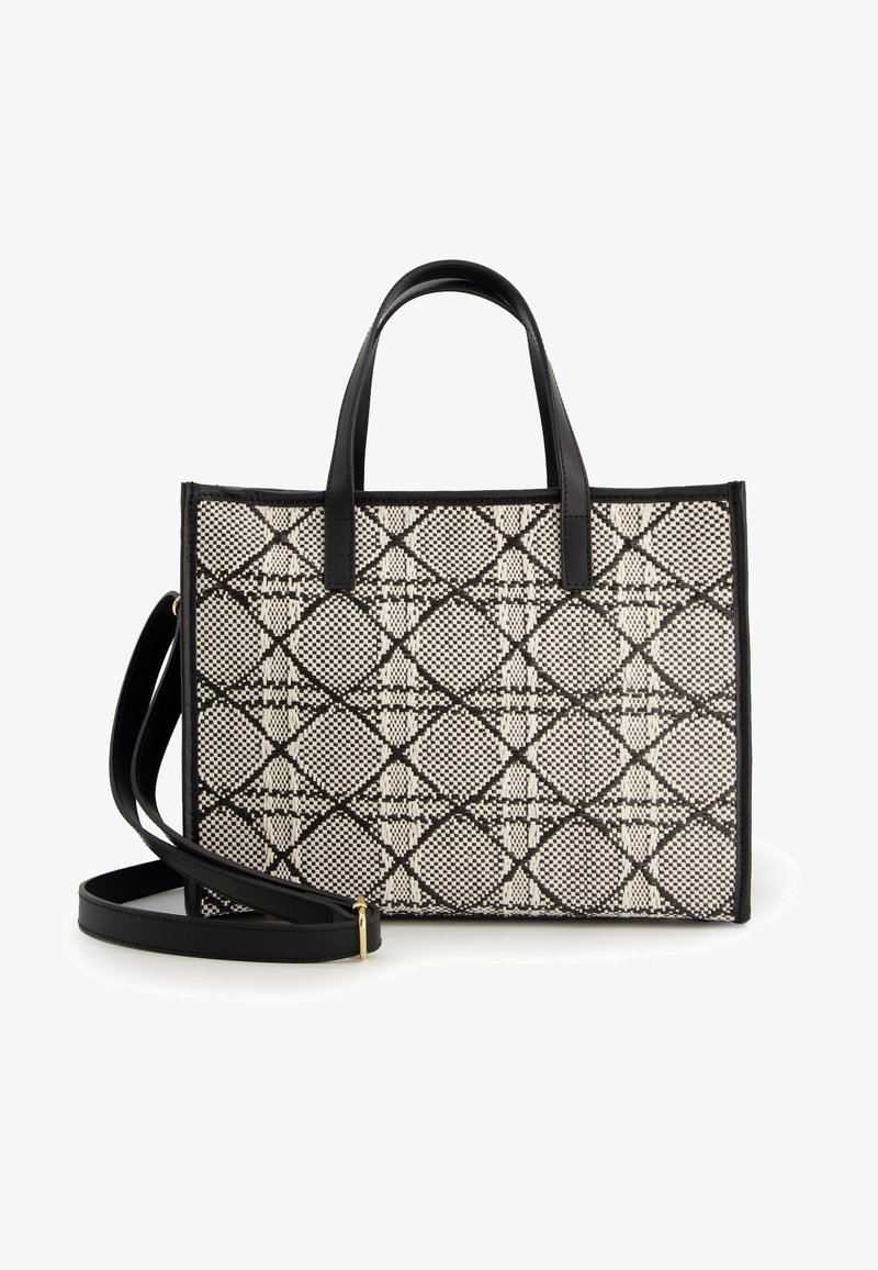 Zwart-wit patroon tote bag met rechthoekige vorm, textuur van het geweven lichaam, zwarte leren accenten, dubbele handvatten en een verwijderbare schouderriem.