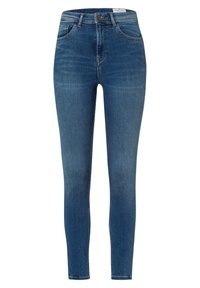 Wąskie dżinsy w średnim niebieskim kolorze, o gładkiej fakturze, z pięcioma kieszeniami, szlufkami na pasek oraz rozporkiem z zamkiem błyskawicznym i zapięciem na guzik.