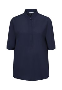 Camicetta blu navy a maniche corte con colletto alla cinese, caratterizzata da una patta frontale e un tessuto leggero e morbido.