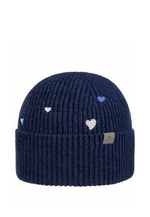 Marineblauer gestrickter Beanie mit umgeschlagenem Rand, verziert mit kleinen, in Blau und Weiß gestickten Herzen und einem Lederetikett der Marke.
