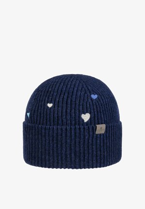 Navy blue knitted beanie with folded edge, decorated with small embroidered hearts in blue and white, and a leather brand tag.