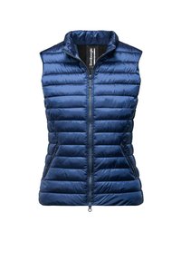 Marineblauwe puffer vest met een rits aan de voorkant, hoge kraag en horizontaal gewatteerd ontwerp. Bevat zijzakken en een gladde, glanzende stof.