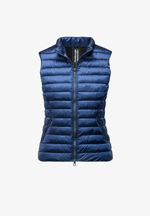 Granatowa kamizelka puchowa z zamkiem z przodu, wysokim kołnierzem i poziomym pikowaniem. Posiada boczne kieszenie oraz gładki, błyszczący materiał.