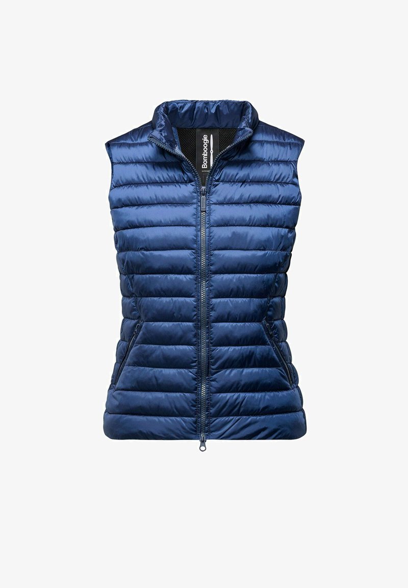 Granatowa kamizelka puchowa z zamkiem z przodu, wysokim kołnierzem i poziomym pikowaniem. Posiada boczne kieszenie oraz gładki, błyszczący materiał.