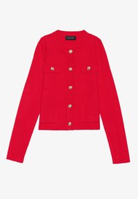 Roter Cardigan aus Strickstoff mit rundem Ausschnitt, silberner Knopfverschluss, zwei vorderen Taschen und langen Ärmeln.