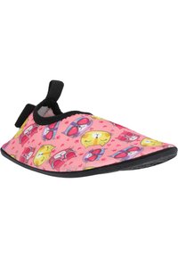 Rosa Stoffschuhe mit einem bunten Katzenmuster, schwarzem elastischen Fersenriemen und einer flexiblen Gummisohle für besseren Halt.