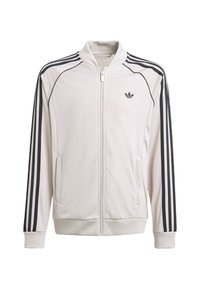 Giacca grigio chiaro con zip, con strisce nere sulle maniche, polsini e colletto a coste. Presenta tasche laterali e un piccolo logo sul petto.