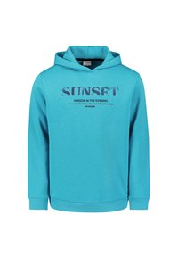 Turquoise hoodie met geprintte tekst "SUNSET HORIZON IN THE EVENING" in donkerblauw, met ribgebreide boorden en onderrand.