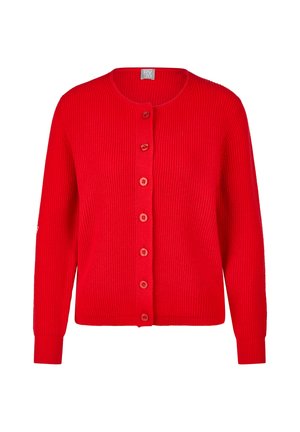 Roter, gerippter Strickcardigan mit langen Ärmeln und sieben Knöpfen vorne, mit Rundhalsausschnitt und enganliegenden Bündchen.