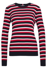 Gestreepte gebreide trui met rode, witte en marineblauwe horizontale lijnen. Rund hals, lange mouwen en geribbelde textuur met een aansluitende pasvorm.