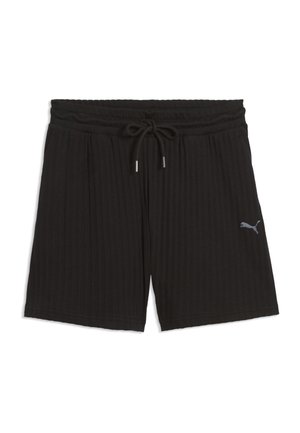 Sorte ribstrikkede shorts med elastisk talje og sort snøre, med en lille grå Puma-logo på det nederste højre ben.