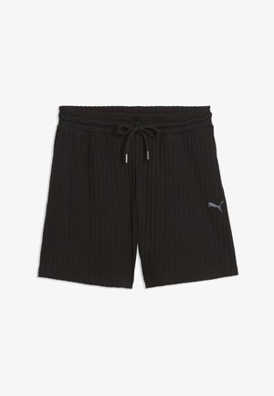 Fekete bordázott szövetből készült rövidnadrág rugalmas derékpánttal és fekete húzózsinórral, alján jobb oldalon kis szürke Puma logóval.