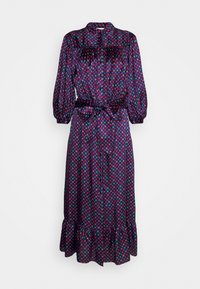 Robe midi manches longues violet foncé avec motif étoile multicolore, boutonnage devant, ceinture froncée à la taille et ourlet à volants.