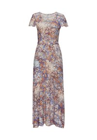 Maxime dressi kevyttä kangasta, jossa on kukkakuosi sinisessä, ruskeassa ja valkoisessa. Lyhyet hihat ja muotoiltu vyötärö, jossa on valuva helma.