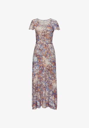Maxikleid aus leichtem Stoff mit einem floralen Muster in Blau, Braun und Weiß. Kurze Ärmel und eine taillierte Taille mit einem fließenden Rock.