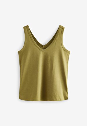 Débardeur vert olive avec un décolleté en V, fabriqué dans un tissu doux, doté de bretelles larges et d'une coupe simple. Sans motifs ni accents.