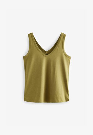 Olivgrünes Tanktop mit V-Ausschnitt, aus weichem Material gefertigt, mit breiten Trägern und einem schlichten Schnitt. Keine Muster oder Akzente.