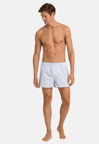 Shorts en coton bleu clair avec une coupe décontractée, taille élastique et fermeture à bouton, avec des rayures verticales et une texture lisse.