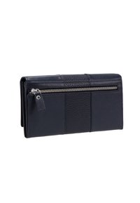 Portafoglio in pelle blu navy con una fascia texturizzata, design elegante e dettaglio in metallo argentato della cerniera. Presenta pannelli lisci e una forma rettangolare.