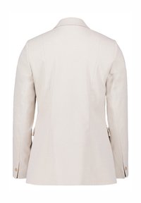 Light beige blazer made from textured fabric, featuring a single vent, notched lapels, and buttoned cuffs. Plain back with minimal detailing.