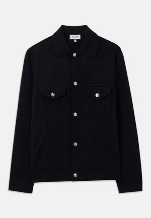 Black jacket with a collar, button front, and two chest pockets. Made of solid fabric, featuring silver-tone hardware and structured seams.