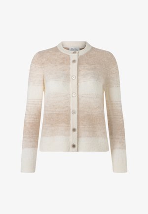 Cardigan à boutons rayé beige et crème avec manches longues et encolure ronde, fabriqué en tissu tricoté doux.