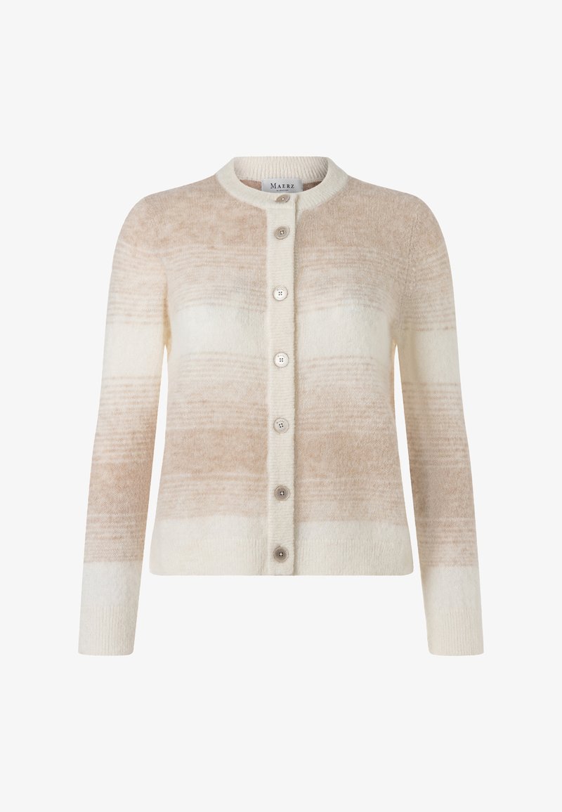 Cardigan à boutons rayé beige et crème avec manches longues et encolure ronde, fabriqué en tissu tricoté doux.