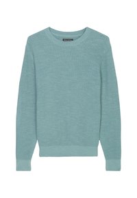 Helles blaues Rippensweatshirt mit Rundhalsausschnitt und langen Ärmeln. Hergestellt aus einem weichen Strickstoff mit strukturierter Oberfläche.