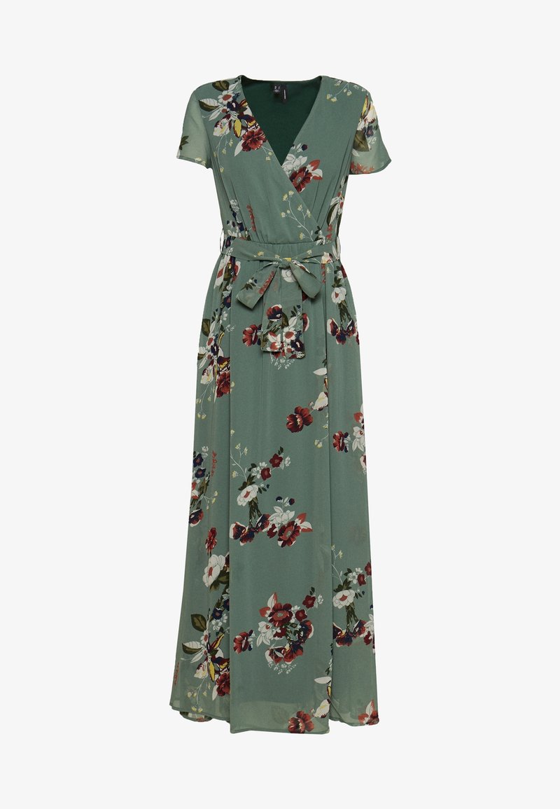 Robe portefeuille fleurie en tissu vert, avec des manches courtes, un décolleté en V, une ceinture à la taille, et une jupe fluide ornée de motifs floraux multicolores.