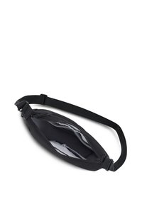 Borsa a tracolla nera con chiusura a zip, materiale in tessuto, tracolla regolabile e un ampio interno con una fodera grigia chiara.