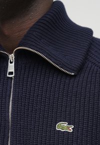 Tmavomodrý pletený sveter s vysokým golierom a strieborným zipsom. Na hrudi je vyšitý malý zelený krokodíl.