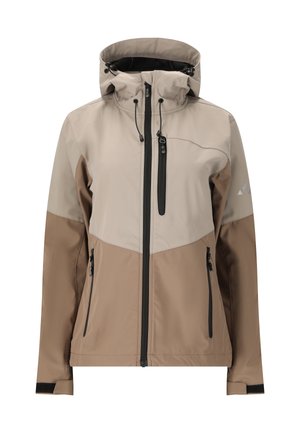 Beige och brun vattentät jacka med dragkedja fram, justerbar huva, två sidofickor och svarta detaljer. Slät textur och figurnära design.