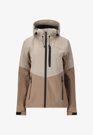 Beige und braune wasserdichte Jacke mit einem Reißverschluss vorne, verstellbarem Kapuze, zwei Seitentaschen und schwarzen Akzenten. Glatte Textur und figurbetontes Design.