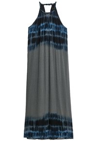 Mekko, jossa on kaula-aukko, sinivihreä ja musta sitruunakuvio sekä virtaava siluetti, valmistettu pehmeästä kankaasta.