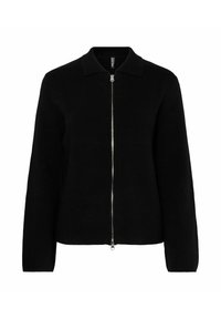 Giacca nera con zip e collo, realizzata in tessuto morbido. Presenta maniche lunghe e una cerniera argento. Design pulito e minimalista.