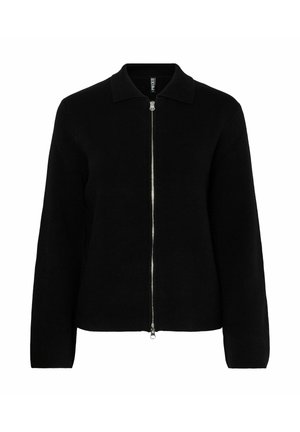 Černá bunda na zip s límcem, vyrobená z měkké látky. Má dlouhé rukávy a stříbrný zip. Čistý, minimalistický design.