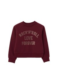 Sweat-shirt bordeaux avec des manches raglan, arborant "ROCK’N’ROLL LOVE FOREVER" en clous métalliques. Tissu doux et texturé, poignets et ourlet côtelés.