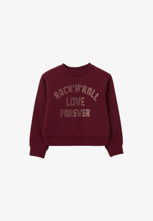 Bordeaux sweatshirt met raglanmouwen, voorzien van "ROCK’N’ROLL LOVE FOREVER" in metalen studs. Zacht, gestructureerd materiaal, ribgebreide boorden en zoom.