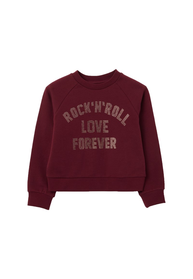 Sweat-shirt bordeaux avec des manches raglan, arborant "ROCK’N’ROLL LOVE FOREVER" en clous métalliques. Tissu doux et texturé, poignets et ourlet côtelés.