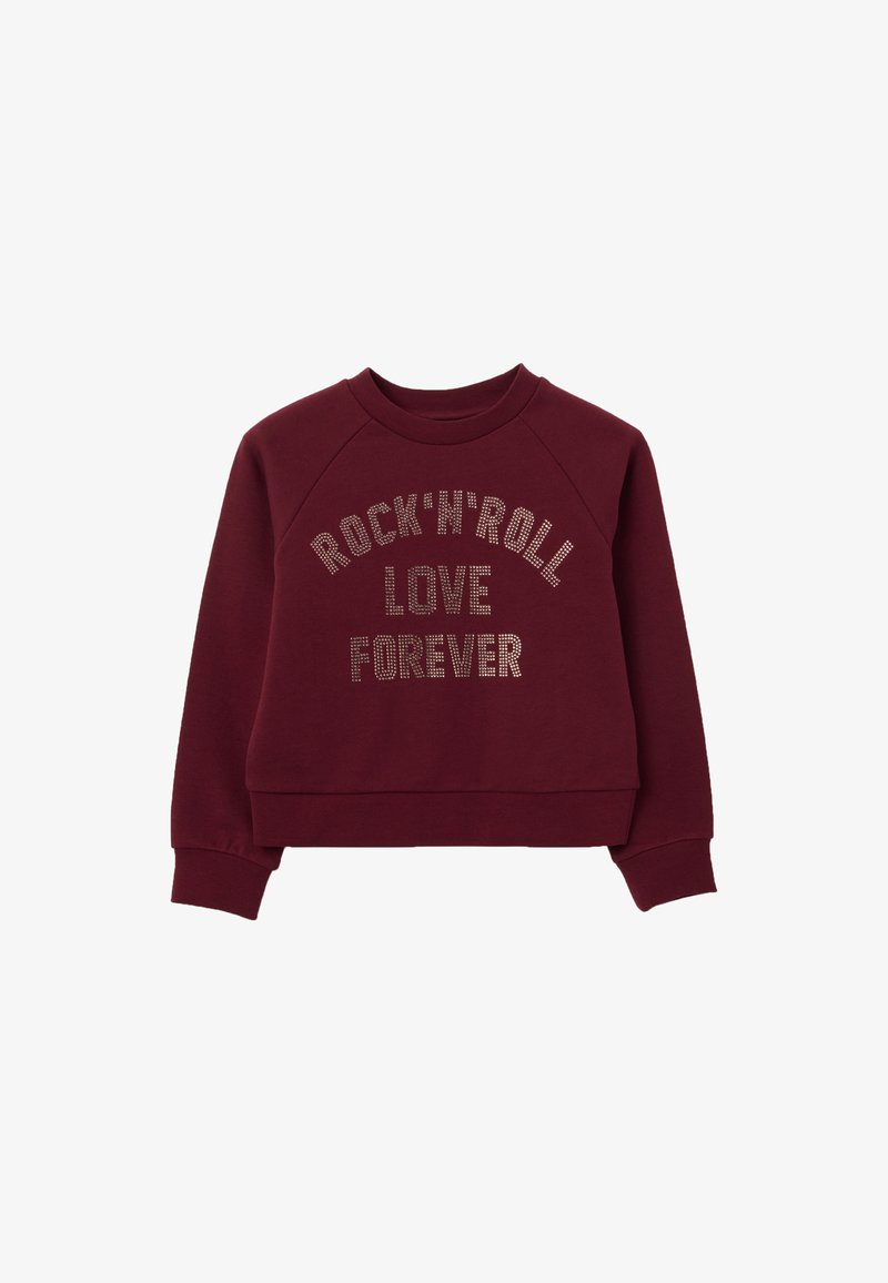 Sudadera burdeos con mangas raglán, que presenta la frase "ROCK’N’ROLL LOVE FOREVER" en studs metálicos. Tejido suave y texturado, con puños y dobladillo de canalé.