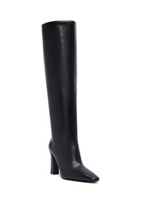 Bottes en cuir noir montantes, avec une texture lisse, un bout pointu et un talon épais et haut. La tige est ajustée et élégante.