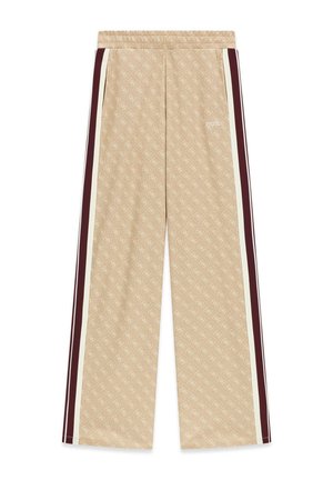 Beige wide-leg pants with subtle all-over logo pattern, elastic waistband, and side stripes in white and dark red.
