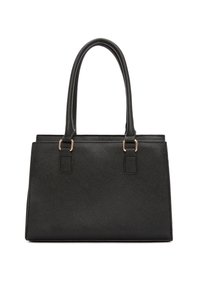Bolso de mano negro hecho de material sintético texturizado, con dos asas resistentes, forma rectangular y detalles en rosa dorado.