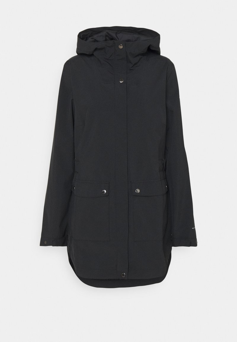 Chaqueta impermeable negra con capucha, con cierres a presión, dos bolsillos frontales y puños elásticos. Diseño simple, de longitud media, hasta el muslo.