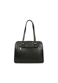 Borsa a tracolla nera in pelle con due manici lunghi, un'apertura con zip e una tasca frontale. Presenta una superficie testurizzata e dettagli in metallo color oro.
