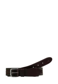 Cinturón bicolor con una punta y un pasador de cuero rojo oscuro, un centro tejido de color verde oliva, complementado con costuras rojas y una hebilla plateada.