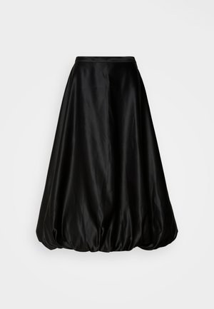 Svart satin midi-kjol med en voluminös, ballongform. Mjuk textur och en åtsittande midja, utformad för en flödande siluett.